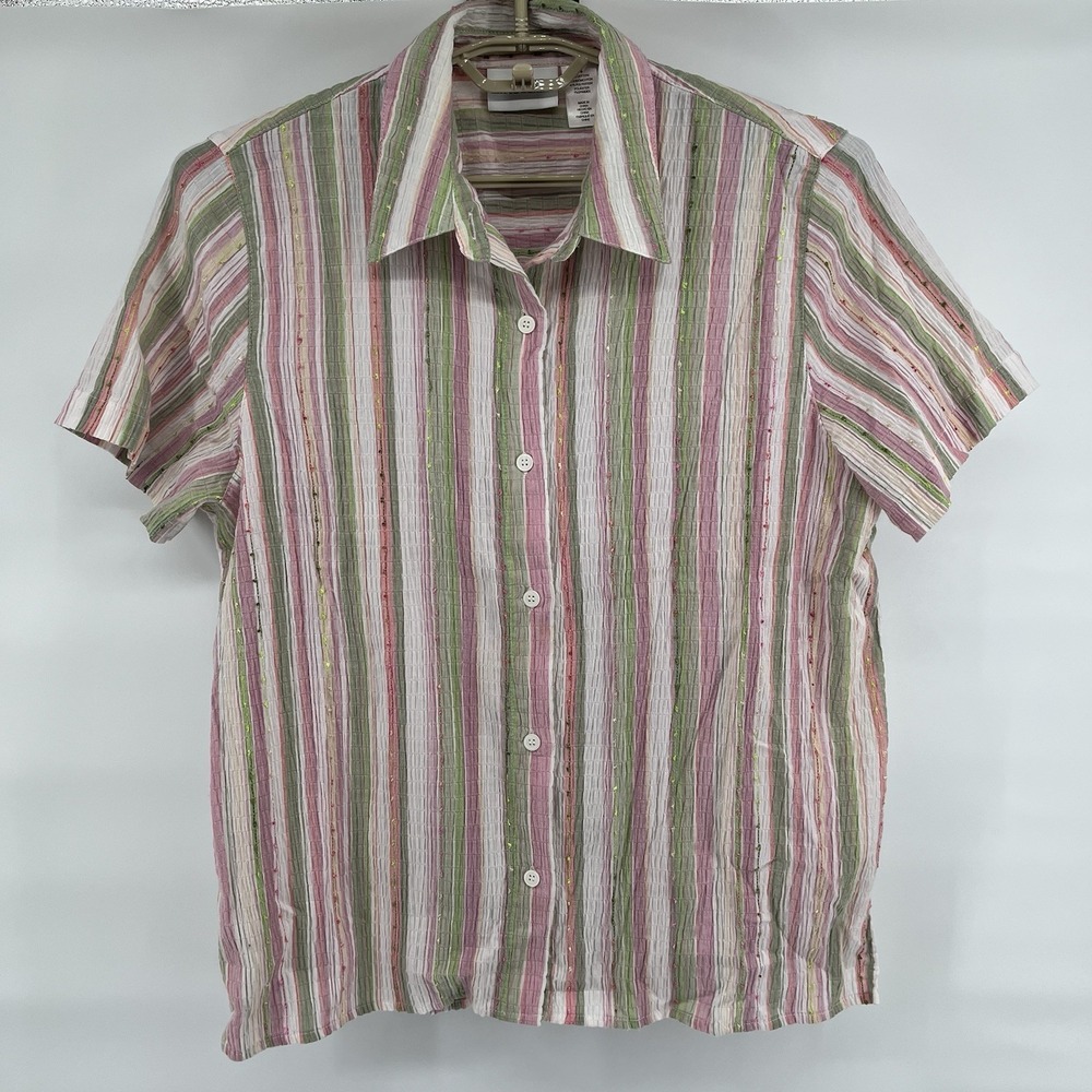 Alfred Dunner Womens Short Sleeve Striped Blouse Size 16 Grandma Cottage Core
